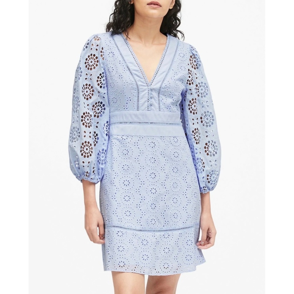 Banana Republic Eyelet Lace Puff Sleeve Mini Dress Womens 6 Preppy Cottage Party - Picture 3 of 13